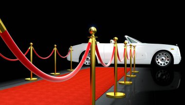 Lüks araba ve kırmızı halı ile bariyer 3d işleme görüntü