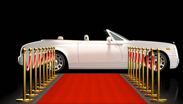 white luxury car and red carpet 3d rendering image