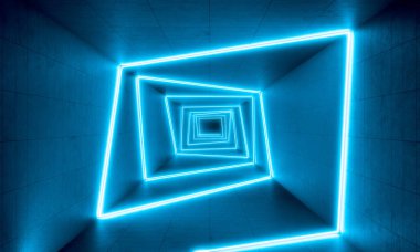Beton tünel, 3d işleme görüntü mavi neon ışıkları