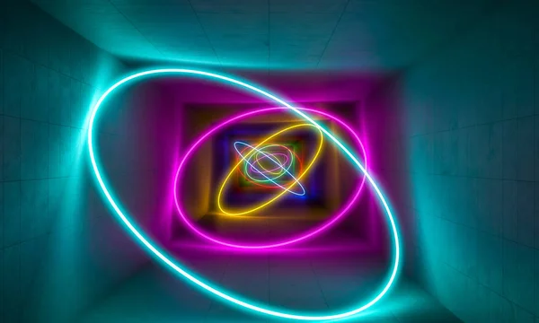 Барвисте Неонове Світло Бетонному Тунелі Візуалізація Зображення — стокове фото