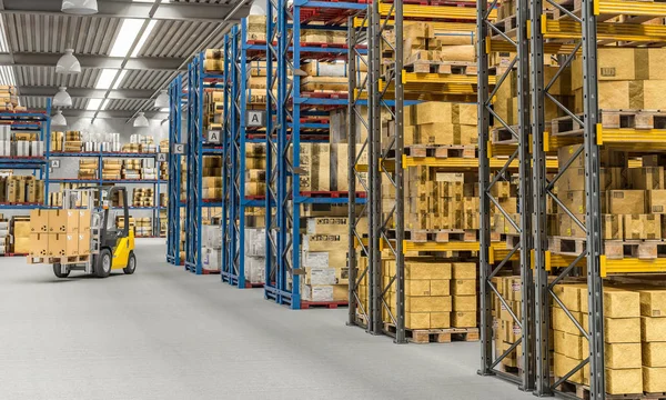 Carretilla elevadora en el trabajo en un almacén grande — Foto de Stock