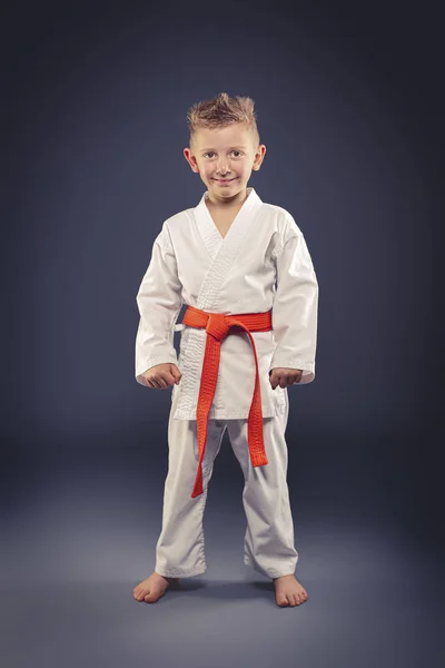 一个微笑的孩子的肖像与和服练习武术 — 图库照片