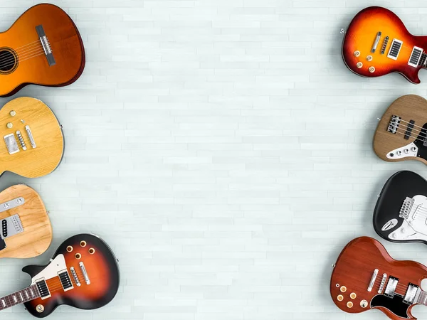 Renderowanie obrazu 3D grupy gitar na drewnianej podłodze — Zdjęcie stockowe
