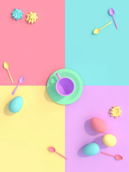 3D render afbeelding van een kopje met snoep en eieren, platte lay stijl. — Stockfoto