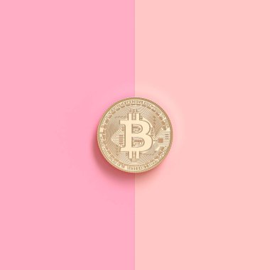 t pembe bir arka plan üzerinde bir altın bitcoin sikke 3d render görüntü