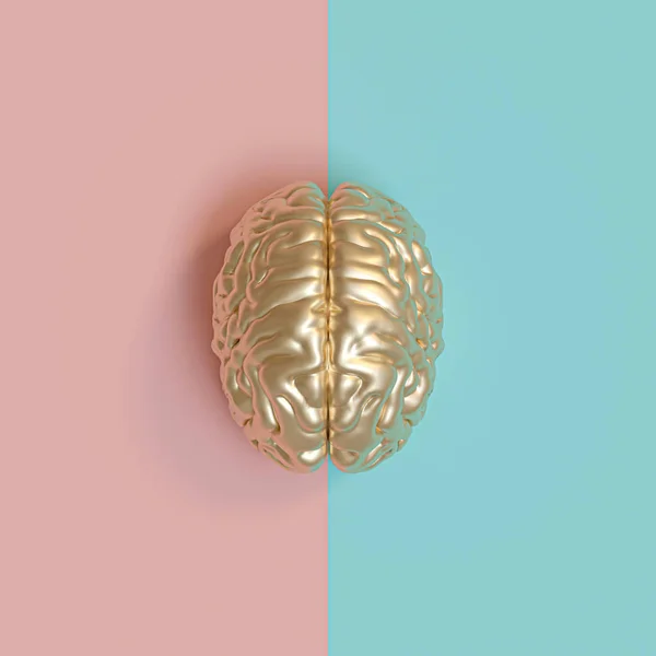 3D rednering bild av en guld mänsklig hjärna, blå och rosa bakgrun — Stockfoto