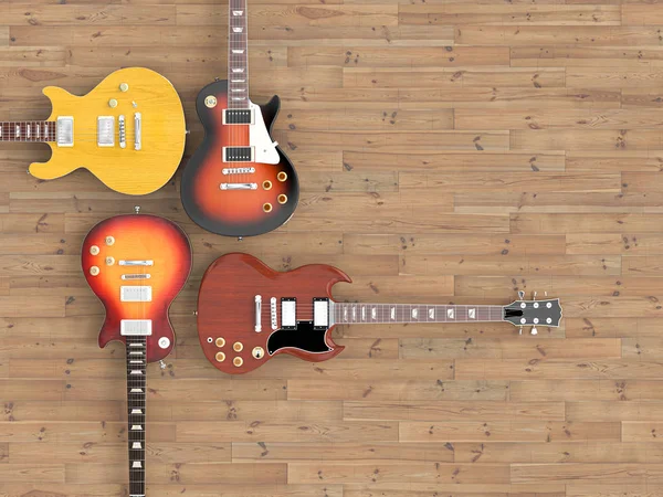 Diferentes guitarras en pisos de madera, vistas desde arriba . —  Fotos de Stock