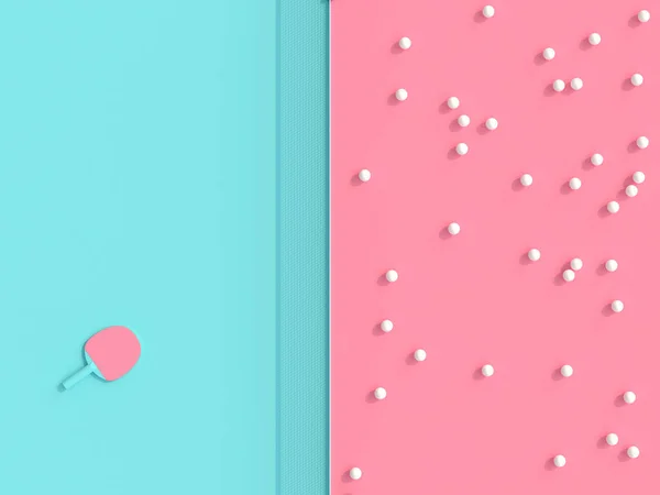 Ping pong temática 3d imagen de renderizado, bolas y raqueta en la mesa de juego —  Fotos de Stock