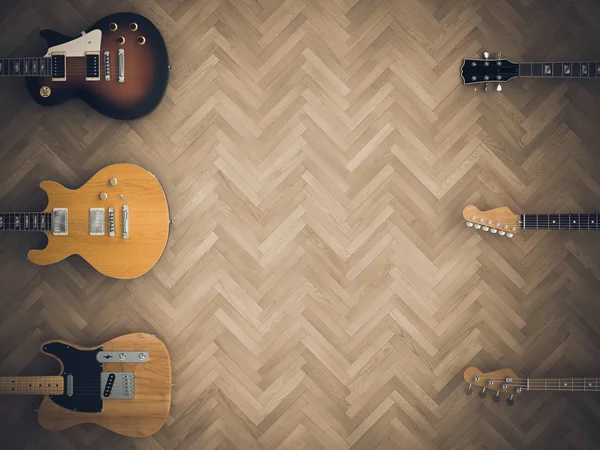 3d imagen de renderizado de una serie de guitarras eléctricas en el suelo de madera . —  Fotos de Stock