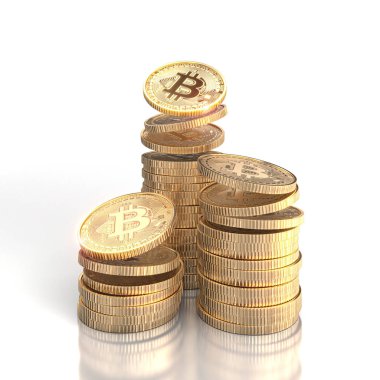 beyaz bir arka üzerinde Bitcoin altın sikke yığınları 3D render görüntü