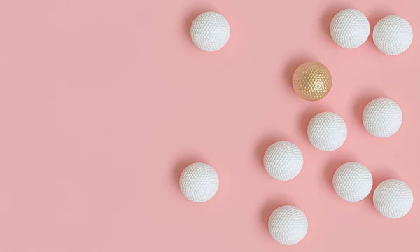 Золотий м'яч для гольфу серед багатьох білих, 3d візуалізація зображення у плоскому стилі — стокове фото