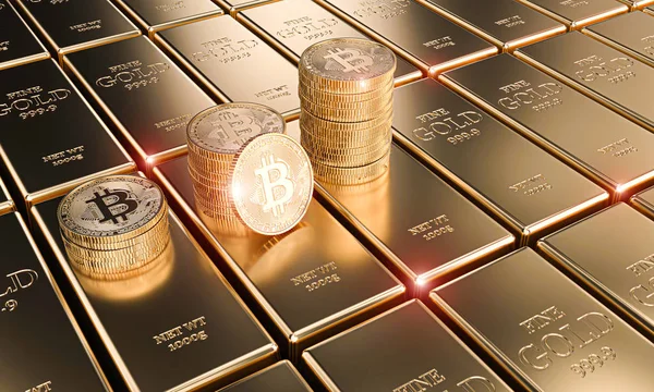 Gold bitcoin coins on classic ingots, concept of cryptocurrency — Stock Photo, Image