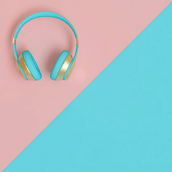 Light blue and gold audio headphones on a flat lay two-color bac — Stock Photo, Image