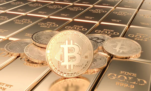 Coins with bitcoin symbol on gold bars. 3d image render. — Stock Photo, Image