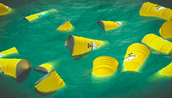 3D-beeldweergave van gele vaten met het radioactiviteitslabel — Stockfoto