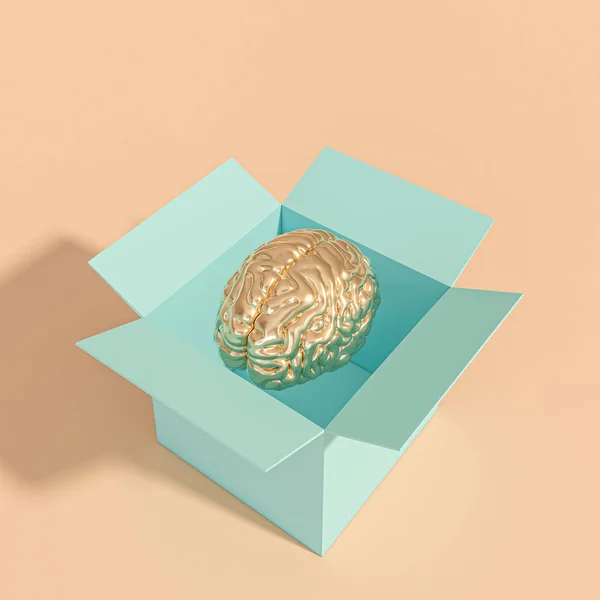 Gold menschliches Gehirn in einer Schachtel. anderes, kreatives Denken. — Stockfoto