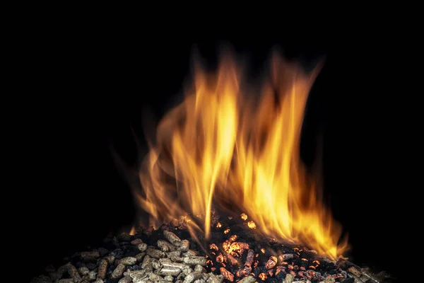 Brinnande träpellets, levande låga — Stockfoto
