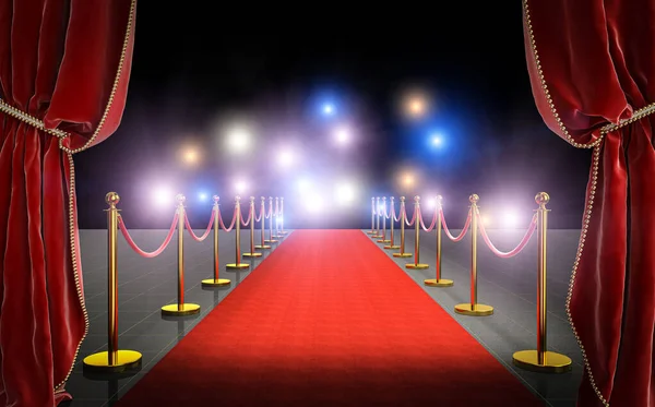 3d image render of a red carpet with velvet curtains and flash i — ストック写真