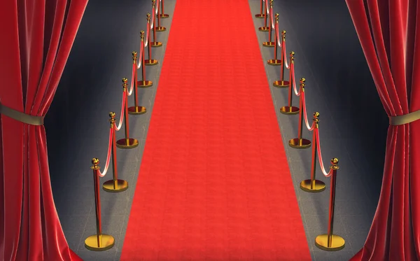 Tappeto rosso e barriere d'oro con corda rossa — Foto Stock