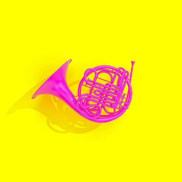 Fuchsia French horn on yellow background in flat lay style. nobody around 3d render. music concept.