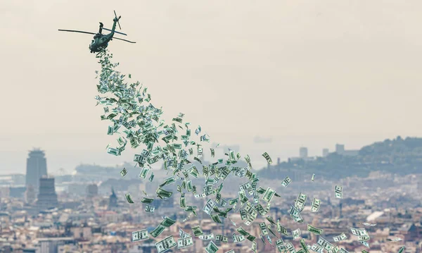 Вертолет Пролетает Над Городом Распределяет Долларовые Деньги Концепция Вертолетных Денег — стоковое фото