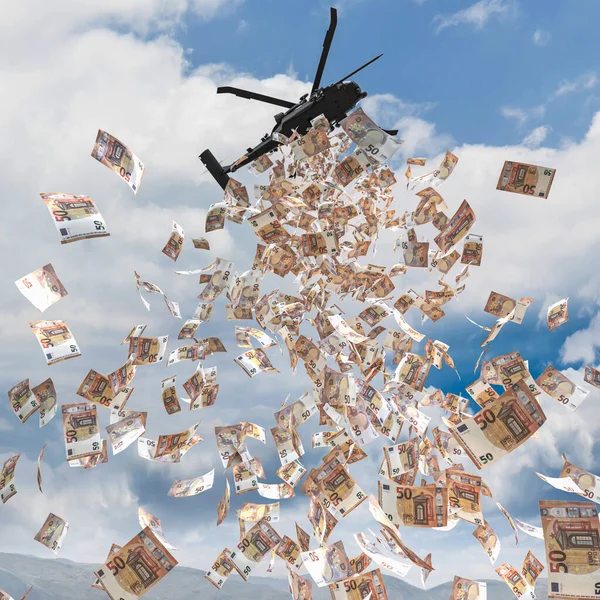 Helicóptero Vuela Sobre Una Ciudad Distribuye Dinero Euros Concepto Dinero — Foto de Stock