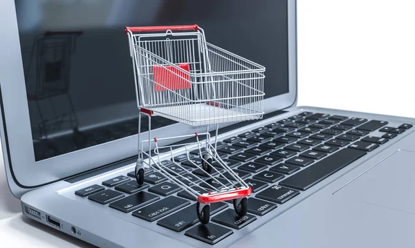 Laptop Klavyesinde Boş Bir Alışveriş Arabası Boyutlu Görüntüleme Çevrimiçi Alışveriş — Stok fotoğraf