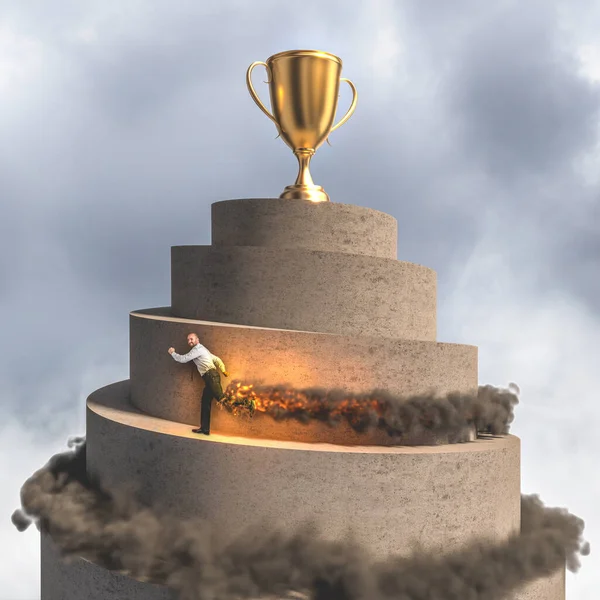 Businessman Runs Reach Top Tower Large Golden Trophy Flames Smoke — Stock Photo, Image