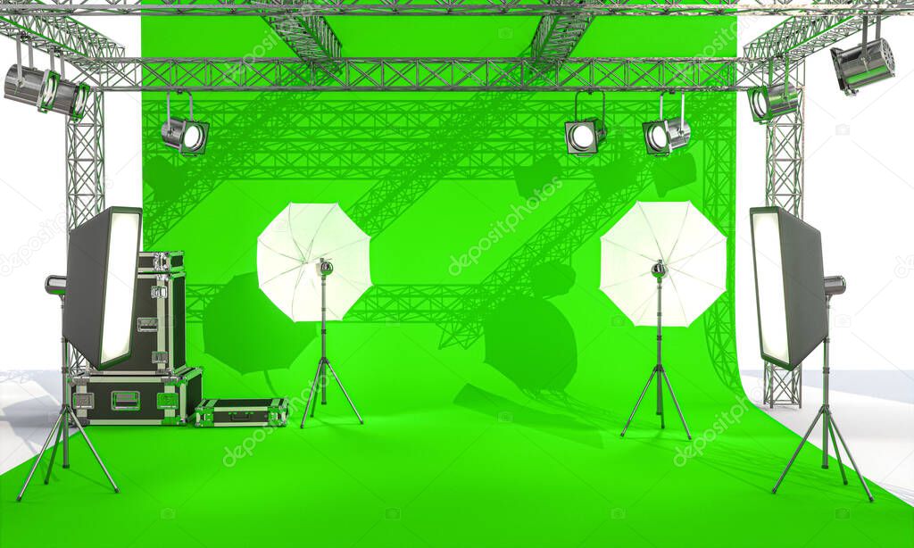 photographic set with lights and professional equipment on a green screen background. 3d render. nobody around.