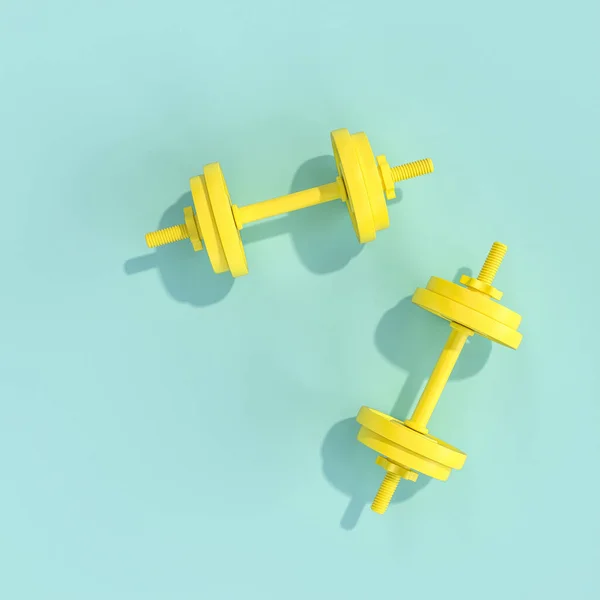 浅蓝色背景上的黄色体操哑铃 平铺风格 3D渲染 正方形 体育与健康概念 — 图库照片