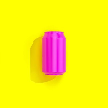 fuchsia tin top view on yellow background in flat lay style. 3d render.