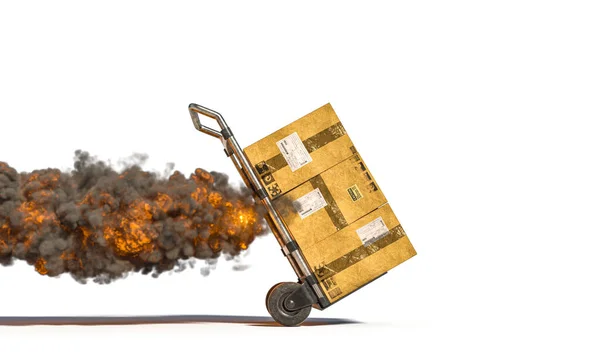 Handtruck Different Parcels Flames Smoke Fast Expedited Shipping Concept Render — Stockfoto