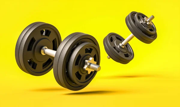 Classic Gym Dumbbells Yellow Background Render Nobody Sport Fitness Concept — Stock Fotó