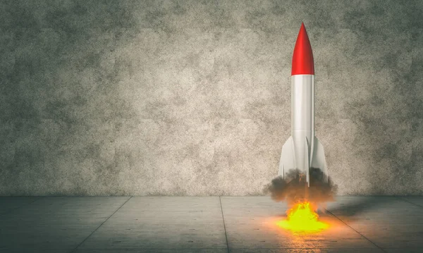 三维渲染火箭即将起飞的图像 火焰和烟雾 权力的概念 — 图库照片