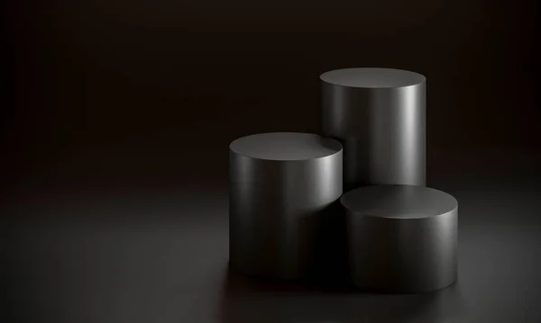Svarta Cylindrar Podium Koncept Svart Återgivning Abstrakt Och Minimalistisk — Stockfoto