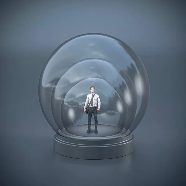 Businessman Triple Glass Bubble Concept Protection Limitation Imprisonment Conceptual Abstract — Stock Photo, Image