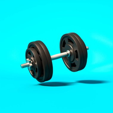 Açık mavi arka planda spor salonu dambılları. 3 boyutlu görüntüleme. spor, sağlık, eğitim kavramı.