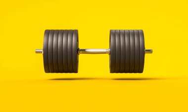 Sarı arka planda spor salonu halterleri. 3 boyutlu görüntüleme. spor, sağlık, eğitim kavramı.