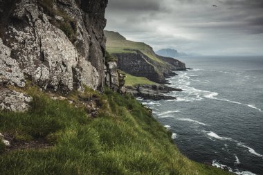 Faroe Adaları 'ndaki Mykines adasının manzarası.
