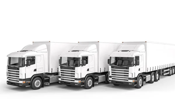 3台の白いトラックの3Dレンダリング画像 誰もいない 輸送と物流の概念 — ストック写真