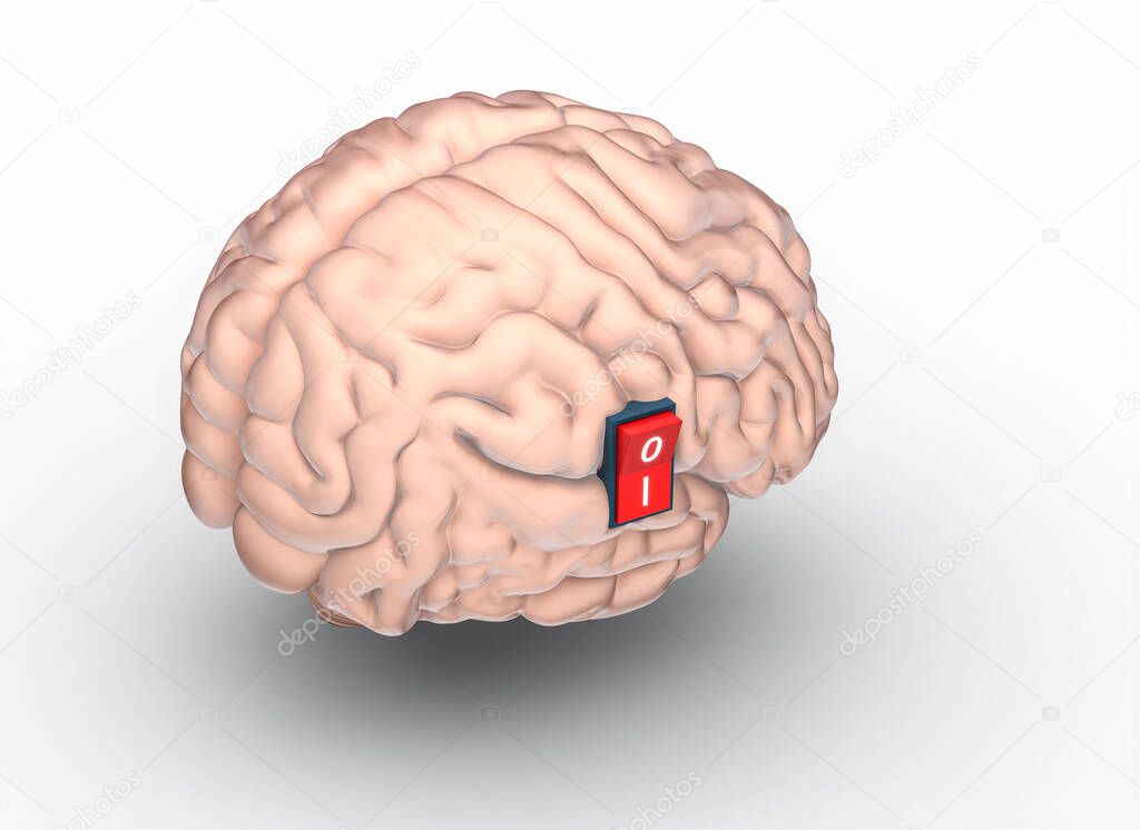 3d model render of a human brain with switch to turn it on.