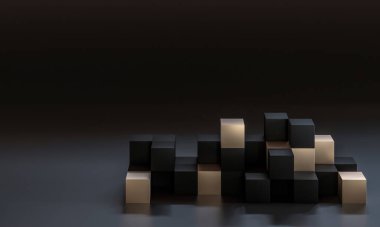 Siyah ve altın küplerin minimalist soyut arka planı. 3d hazırlayıcı.