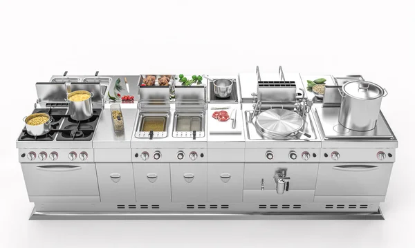 Cuisine Professionnelle Acier Modulaire Avec Des Aliments Frais Concept Restauration — Photo