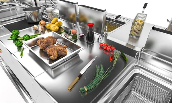 新鮮な食材を使ったプロ仕様のスチールキッチンの詳細 ケータリングの概念 3Dレンダリング — ストック写真