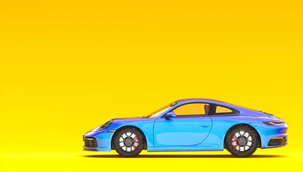 blue sports car on yellow background, side view. nobody around. 3d render.