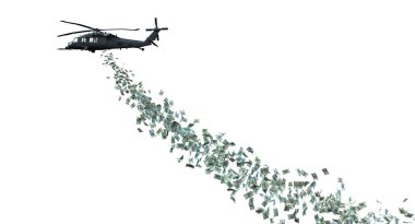 Helikopter para dağıtıyor. Beyaz üzerine izole edilmiş. Helikopter parası ve doğrudan finansal yardım kavramı. 3d hazırlayıcı.