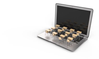 Okul sıraları dizüstü bilgisayarın klavyesinde. covid virüsü 19 'dan dolayı uzaklık öğretme konsepti