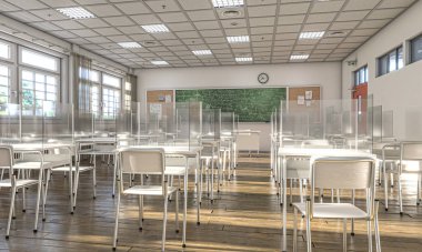 Sosyal mesafelerin covid 19 enfeksiyonunu önlemesini sağlayan koruyucu pleksiglas ekranlarla donatılmış bir okulun içinde. 3d hazırlayıcı.