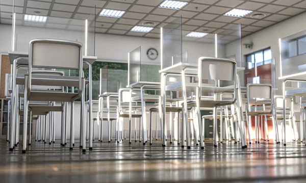 Innenraum Einer Schule Mit Schreibtischen Die Mit Schützenden Plexiglasschirmen Ausgestattet — Stockfoto