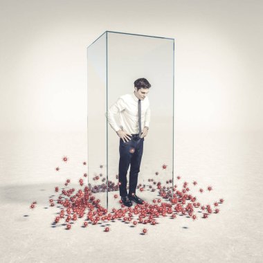 Camdan kafesteki adam dışarıdaki virüse bakıyor. Virüs koronası koruma kavramı